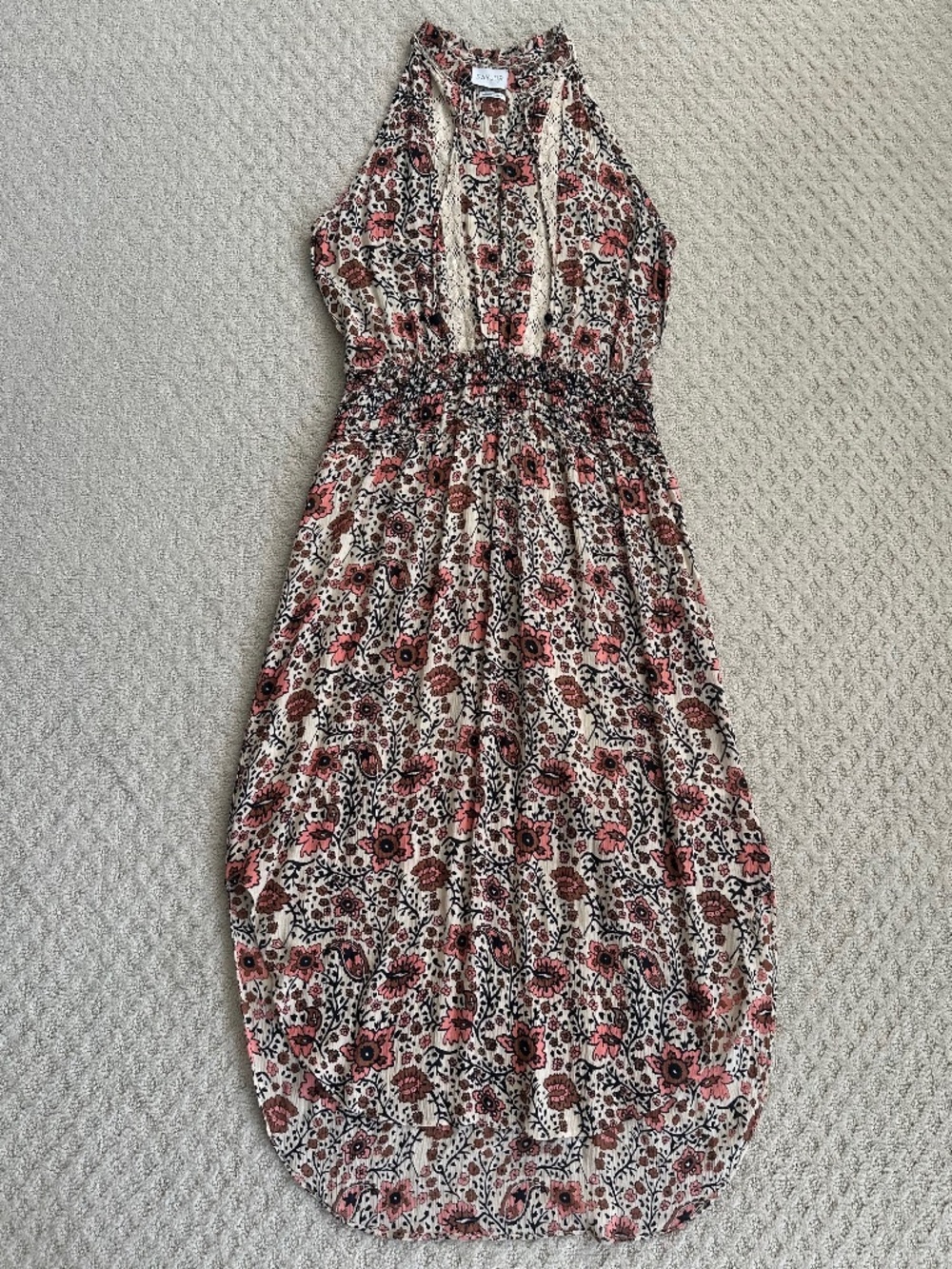 SAYLOR Floral Halter Crochet High-Low Maxi Dress Med Boho Smocked Summer Vacay